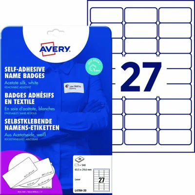 Produktbild von Avery Zweckform L4784-20 Namensetiketten, 63,5 x 29,6 mm, 20 Blatt/540 Etiketten, weiß