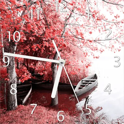 Produktbild von Wallario Design Wanduhr Romantische Bootsanlegestelle in rot-weiß aus Echtglas, Größe 20 x 20 cm