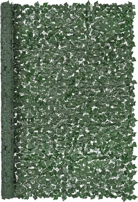 A rolled-up artificial ivy fence is shown against a white background.
