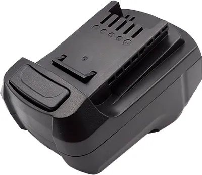 A black power tool battery pack is shown from a diagonal angle against a white background.