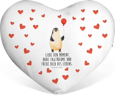 Produktbild von Mr. & Mrs. Panda Dekokissen Pinguin Luftballon - Weiß - Geschenk, Herzkissen, Motivation, Glück, Kuschelkissen, Sofakissen, Hochzeitskissen, dekoartikel