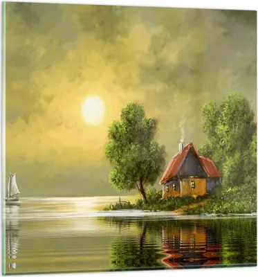 Produktbild von Bilder auf glas - Boot Wasser Hütte - 50x50cm - Glasbilder - Wandbilder - Kunstdruck - zum Aufhängen bereit - Wanddekoration aus Glas - Glas Bilder - Wandbild auf Glas - Einteilig - GAC50x50-3498