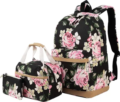 Produktbild von Schulrucksack Mädchen Teenager Damen Schultasche Canvas Schulranzen Set Blumen Rucksack für Mädchen Schule Freizeit mit Lunchpaket Tasche und Mäppchen