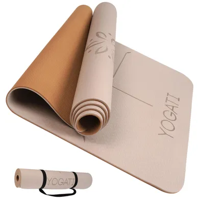 Productafbeelding van YOGATI yogamat, antislip, vrij van schadelijke stoffen, met draagriem. Yogamat met uitlijningslijnen. Ideaal als yogamat, гимнастическая мат, sportmat, fitnessmat, hardloopmat. Yogamat – bruin