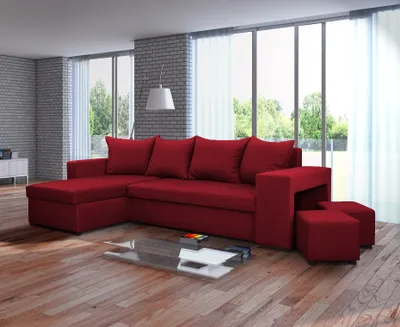 Produktbild von Nawstol narożnik TYMON z funkcją spania, sofa w kształcie litery L z pojemnikiem na pościel, narożnik do salonu, sofa rozkładana, narożnik uniwersalny - kolor czerwony