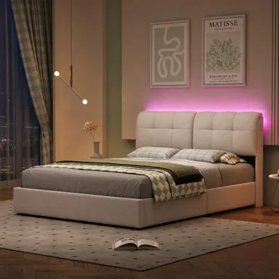 Productafbeelding van ProximaX gestoffeerd bed 160x200 cm met 7-kleurige lichtstrip – Boxspringbed met lattenbodem, opbergruimte en fluweelbekleding – beige