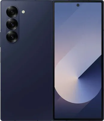A dark blue foldable smartphone is shown from two angles: the back with the camera array and the front with the screen displaying a wallpaper.