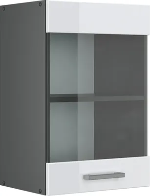 A studio shot of a modern kitchen wall cabinet with a glass door and a drawer.
