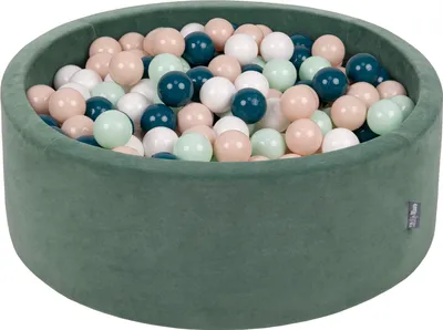 Zdjęcie produktu dla KiddyMoon suchy basen okrągły velvet z piłeczkami 7cm zieleń lasu: ciemny turkus-pastelowy beż-biały-mięta 90x30cm/200piłek zabawka basen piankowy