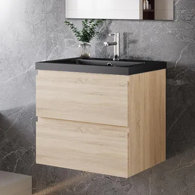 Produktbild von 60 cm Badmöbel-Set Unterschrank mit Schwarz Mineralguss waschtisch 2 Schubladen soft-close Eiche Matt Selbstmontierter