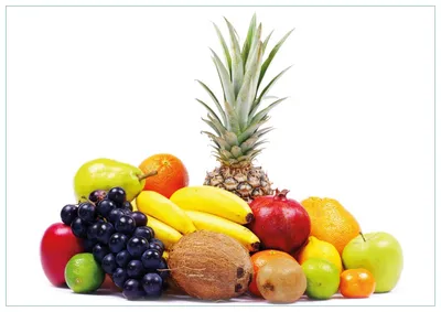 Produktbild von Wallario Premium Glasbild, freischwebende Optik, kräftige Farben, Größe 100 x 70 cm Motiv Gemischtes Obst aus aller Welt - Exotische Obstsammlung