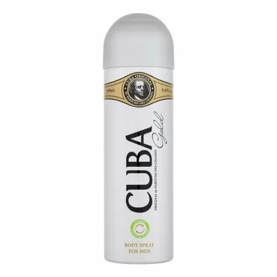 A white spray can with a gold and black label, featuring the brand name 'CUBA GOLD' and text indicating it is a body spray for men.