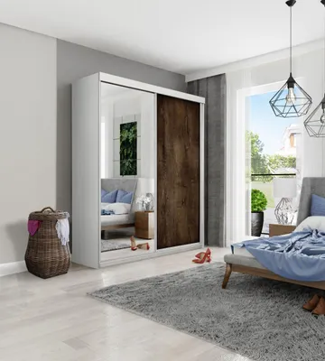 Obrázok produktu pre Šatníková skriňa s posuvnými dverami, 150 x 200 cm, so zrkadlom – Moderná dvojdverová skriňa do spálne alebo predsiene – biela