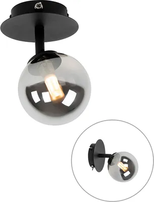 A black ceiling spotlight with a smoked glass globe and an exposed LED bulb is shown against a white background. A smaller inset image shows the same spotlight mounted on a wall.