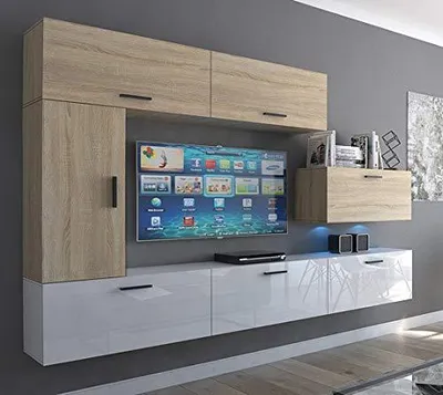 Produktbild von Furnitech Wohnwand Wohnzimmer - Wohnzimmer Möbel mit LED Blau - Hängend Wohnwand Modern - Regale und TV Schrank (Future C10_HGM_WS_18 1B)