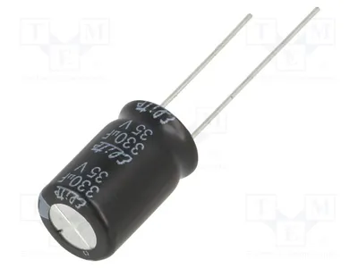 Immagine prodotto di 10 condensatori elettrolitici, 330uF, 35VDC, per montaggio su circuito stampato, dimensioni Ø10x16mm, tolleranza 20%, codice prodotto PF1V331MNN1016