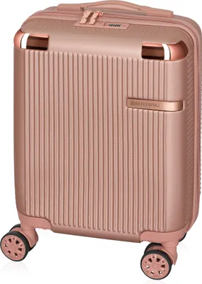 A rose gold carry-on suitcase is shown from the front with its wheels visible.