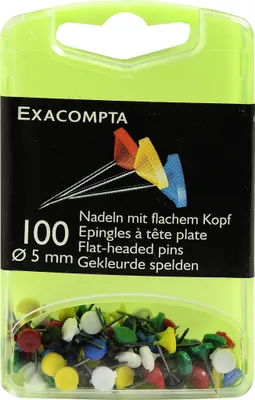 Produktbild von Exacompta Blisterbox + 100 Stück Flachkopfnadeln Ø5mm Spitze 8mm sortiert 14572E