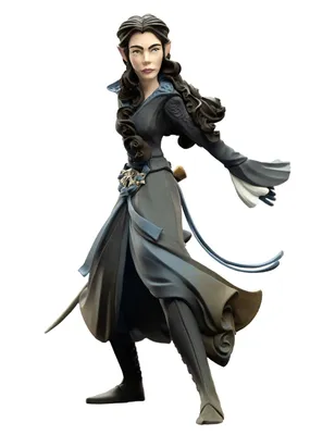 A vinyl figurine of a female character with pointed ears, long dark hair, and a dark blue and gray outfit, standing in a dynamic pose.