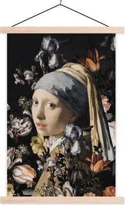 Produktbild von MuchoWow® Textilposter Das Mädchen mit dem Perlenohrring - Johannes Vermeer - Blumen 60x90 cm mit holzfarbenen Rahmen - Textil