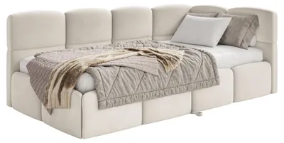 Obrázek produktu pro Selsey Cloudy – postel s čalouněnou čelo, velur, světle béžová barva, rozměry 170x185 cm – pravá strana