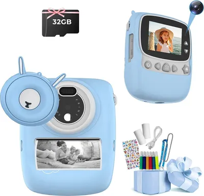 Obrázok produktu pre Detský digitálny fotoaparát s okamžitou tlačou, 30 MP, 1080p, 2,4" displej, 32 GB SD karta - ideálny darček pre deti (modrý)