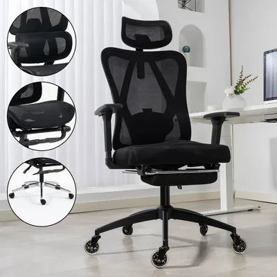 Produktbild von AMBINESS Bürostuhl Schreibtischstuhl | verstellbare Armlehnen & Kopfteil | Ergonomisch | stufenlos verstellbare Lendenstütze | inkl. 2 Rollensets | bis 150kg | BackPro Polster-Schwarz