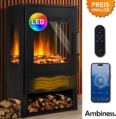 A black electric fireplace with a simulated flame effect, a remote control, and a smartphone app interface shown next to it.