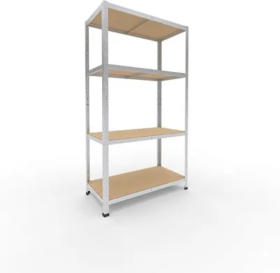 Productafbeelding van Zwaar belastbaar metalen rek, verzinkt, met 4 planken. Geschikt als kelderrek, garage-rek, werkplaatsrek of opslagrek. Metalen modulaire rek met een draagvermogen van 175 kg