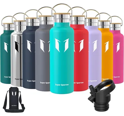 Produktbild von Edelstahl Trinkflasche 750 ml Minze Auslaufsicher BPA-Frei mit 2 Deckeln