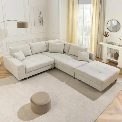 Produktbild von riess-ambiente Moderne Wohnlandschaft KENT 220cm beige Strukturstoff  Ecksofa Federkern inkl. Hocker