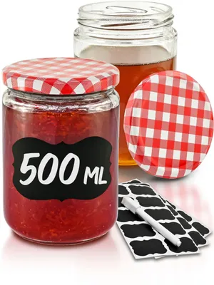 Zdjęcie produktu dla Praknu 12 słoików do przetworów 500 ml z zakrętką, etykiety - Szczelne słoiki do przetworów