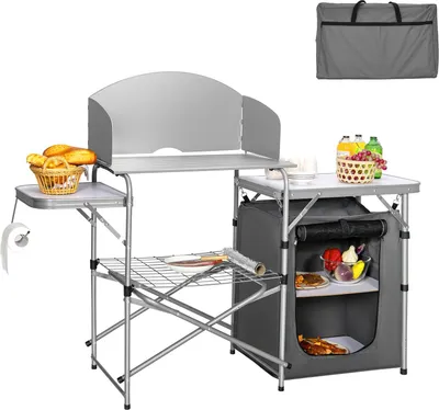 Produktbild von KOMFOTTEU Campingküche klappbar, Campingschrank mit Windschutz, Reiseküche mit Gitterregal & Reißverschlusstasche, Faltschrank Camping mit Tragetasche, für Picknick, Grill, Party
