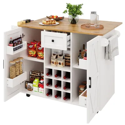 Obrázek produktu pro Kuchyňský ostrůvek s výklopnou pracovní deskou a úložným prostorem, bílá barva, rozměry 137,5 x 65 x 95,6 cm
