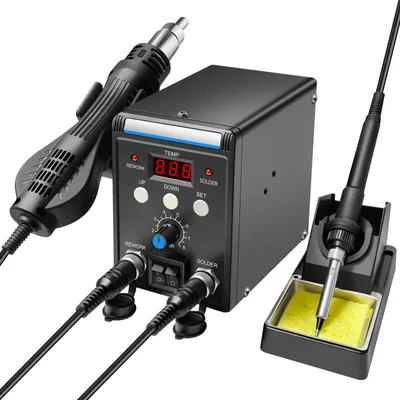 Produktbild von 2-in-1 Lötstation mit Heißluft - Rework-Station - 700 W - 100–500 °C einstellbar - Entlötpumpe und Lötdraht - Digital - Set