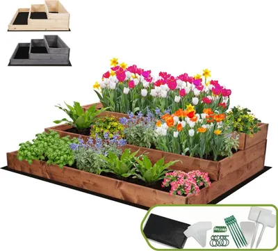 Produktbild von MODO24 Hochbeet Holz, Pflanzkasten, Massivholz, Kiefer, Kräuterbeet, Blumenkasten, Garten, Terrasse, 27x117x93 cm, Braun, ZP07