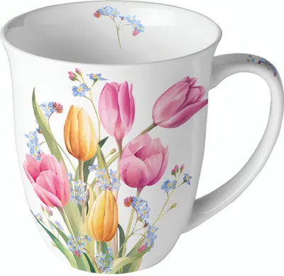 Produktbild von Tasse 10cm Porzellan mit Tulpen & Vergissmeinnicht Motiv Weiß / Bunt