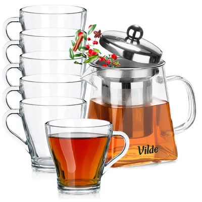 Zdjęcie produktu dla Vilde | Imbryk do herbaty z zaparzaczem 330 ml - Dzbanek szklany z 6 szklankami 250 ml - Można myć w zmywarce