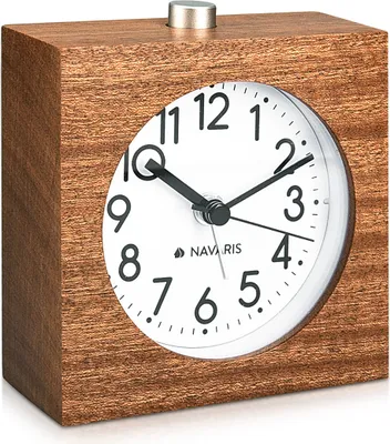 Produktbild von Navaris Analog Holz Wecker mit Snooze - Retro Uhr im Viereck Design mit Ziffernblatt Alarm - Leise Tischuhr ohne Ticken - Naturholz in Dunkelbraun