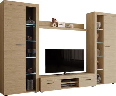 Produktbild von MIRJAN24 Wohnwand Farso XL, Modernes Wohnzimmer-Set, Schrankwand, Stilvoll Mediawand, TV-Möbel (mit weißer Beleuchtung, Geölte Eiche)