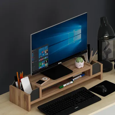 Produktbild von HOMIDEA CINAR Monitorständer – Monitorerhöhung mit Ablagefläche – Schreibtisch Organizer für Büro und Homeoffice (Nussbaum/Schwarz)