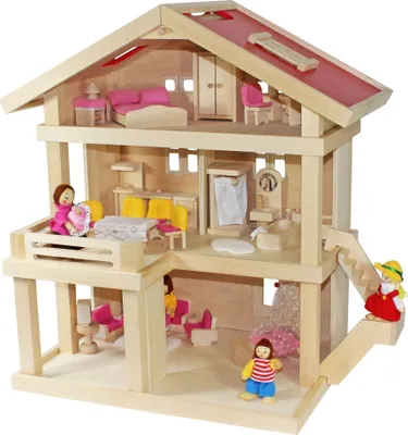 Produktbild von Villa Freda rosé Puppenhaus Stadtvilla + Puppenfamilie + Puppenmöbel + Babywiege