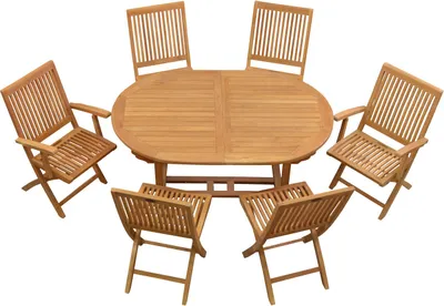 Produktbild von Garten-Essgruppen Exklusive Teak Sitzgruppe aus 6 Klappstühlen und 1 ovalen Ausziehtisch edles Set aus Teak-Gartenmöbeln mit Auszugstisch