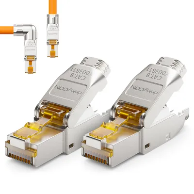 Produktbild von deleyCON 2x CAT 8 Netzwerkstecker 90° Winkel Stecker RJ45 Werkzeuglos Geschirmt 40Gbit/s Netzwerk Stecker für Rohkabel Verlegekabel Steckverbinder RJ45 Ethernet LAN DSL Patchkabel