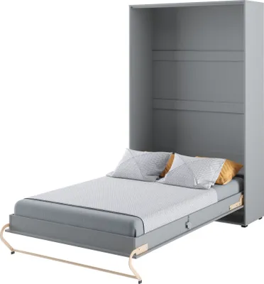 A wall bed is shown in its open position, with the mattress and pillows on display.