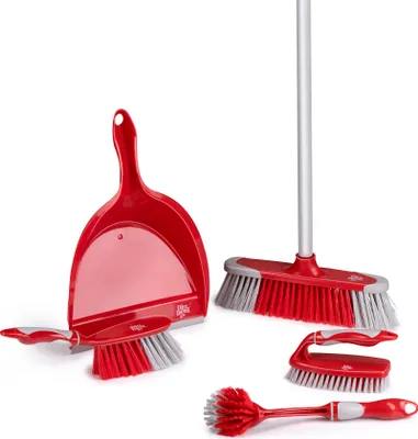 Produktbild von Dirt Devil Dirt Devil Reinigungsset 6-teilig - Spülbürste/ Handschrubber/ weicher Besen mit Stiel/ Kehrblech und Bürste - Rot/ Grau