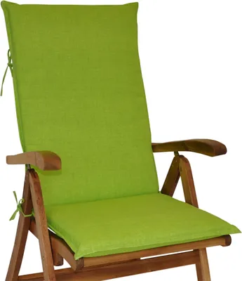 A close-up of a green cushion on a wooden garden chair.
