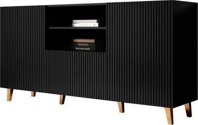 Produktbild von MIRJAN24 Kommode Pafos 150, Stilvoll Highboard mit 2 Türen und Schublade, Modern Wohnzimmer Sideboard (Farbe: Schwarz / Gold Füße)