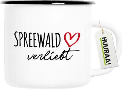 Produktbild von Huuraa Emaille Tasse Spreewald verliebt 300ml Vintage Campingbecher Geschenkidee