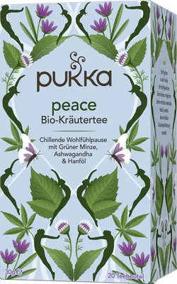 A box of Pukka Peace herbal tea with decorative botanical illustrations.